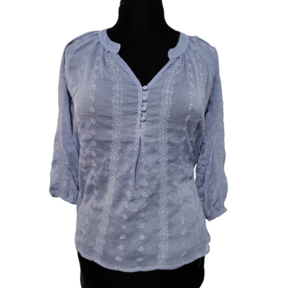 Semi Sheer Embroidered V Neck Hi Lo Tunic Blouse by Olive & Oak Small
